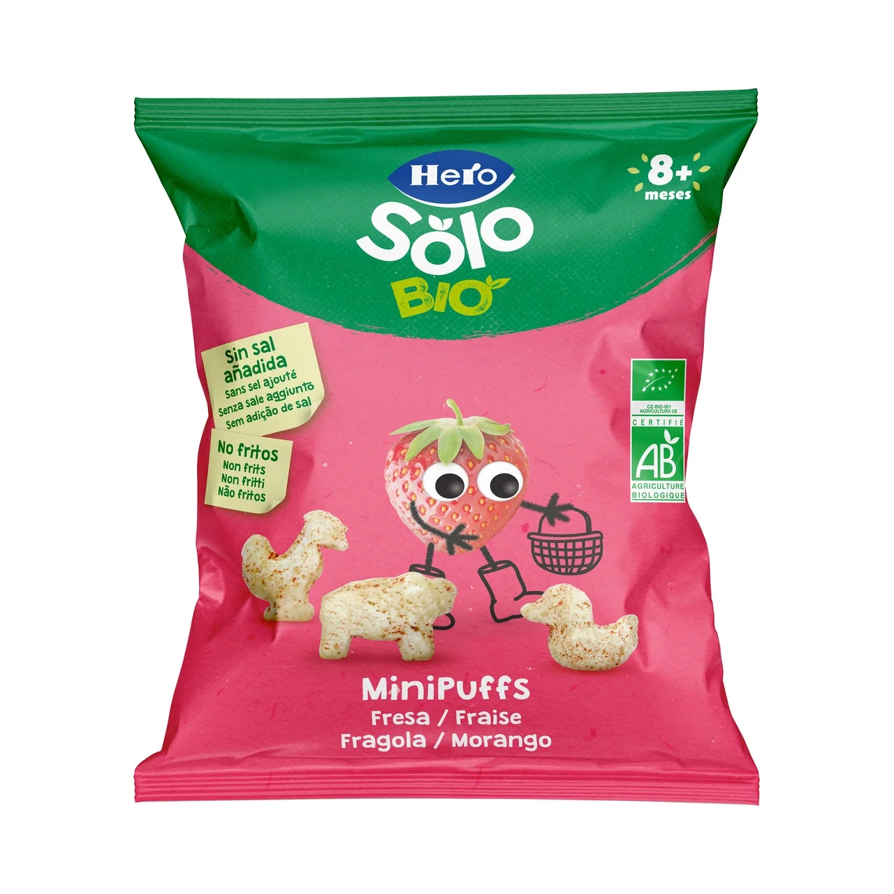 HERO Solo bio Snacks infantiles no fritos de cereales y fresas ecológicos, sin sal añadida, a partir de 8 meses 18 g.