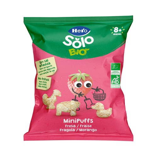 HERO Solo bio Snacks infantiles no fritos de cereales y fresas ecológicos, sin sal añadida, a partir de 8 meses 18 g.