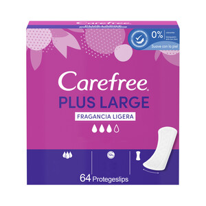 Imagen de CAREFREE Salvaslips extra largos, super absorbentes y con fragancia ligera CAREFREE Plus large 64 uds.