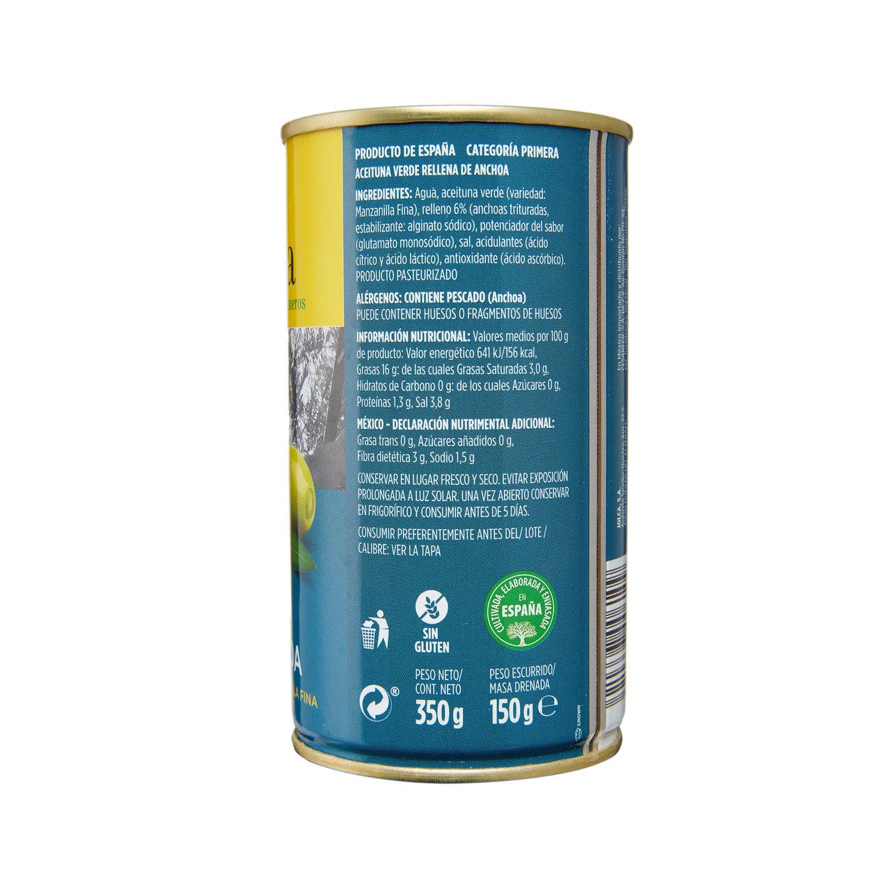 Aceitunas verdes tipo manzanilla fina, rellenas de anchoa 150 g.