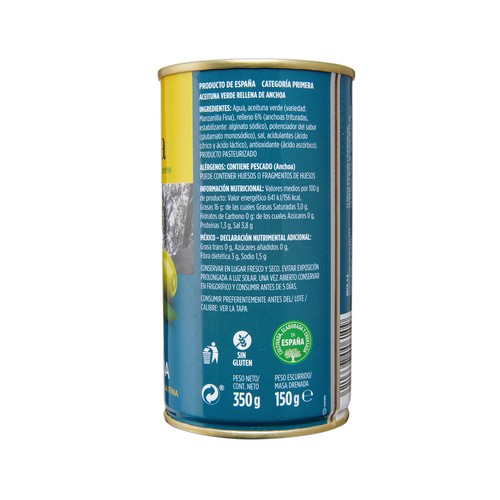 JOLCA Aceitunas verdes tipo manzanilla fina, rellenas de anchoa 150 g.