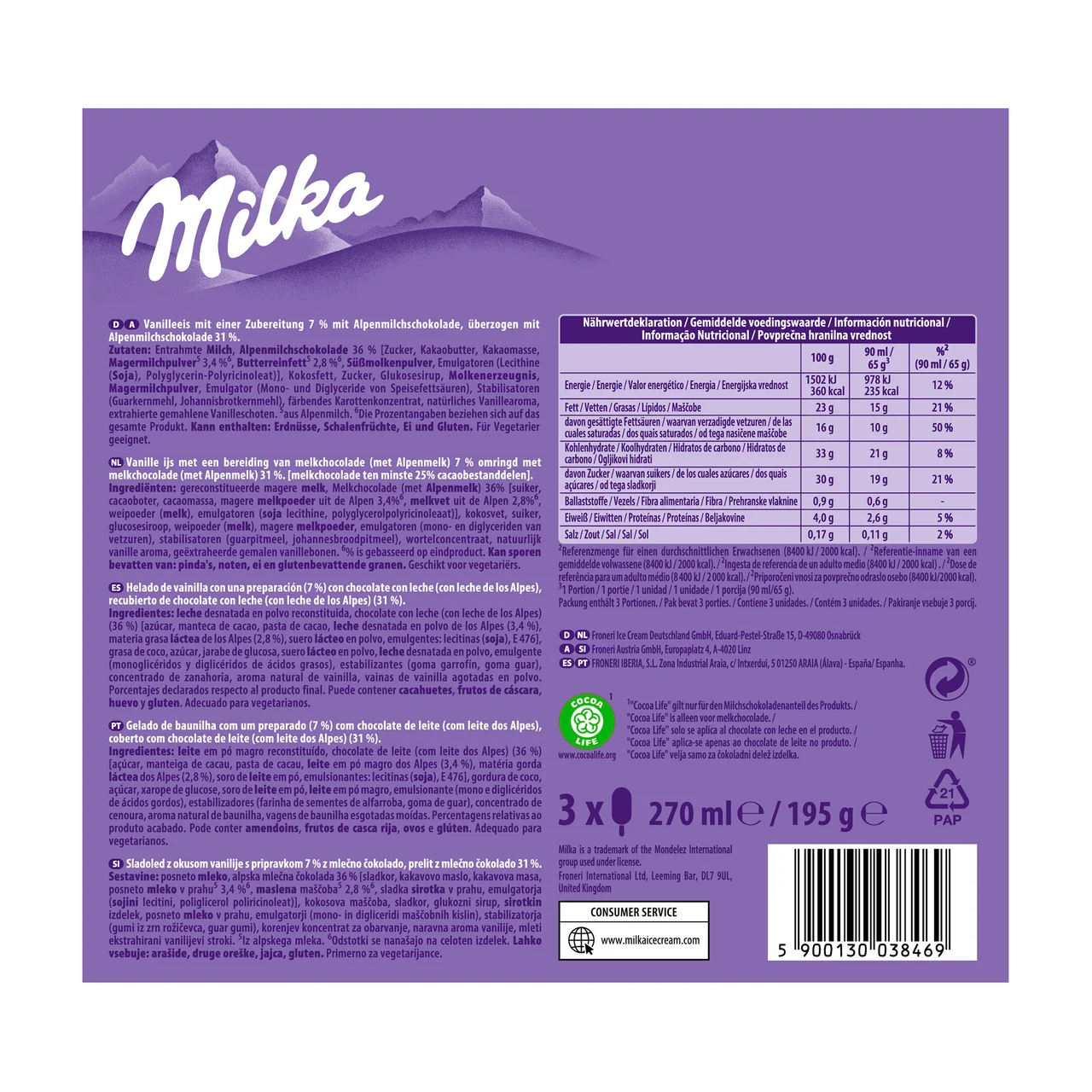 Helado de vainilla con chocolate con leche (leche proviniente de los Alpes) recubierto de chocolate con leche 3 x 90 ml.