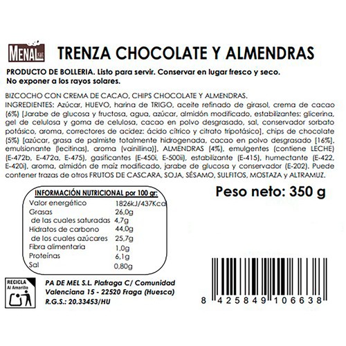 Trenza con crema de chocolate choco chips y almendras 350 g. 