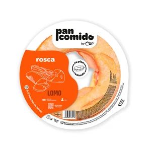 PAN COMIDO BY COR Rosca con pan rústico relleno de lomo adobado cocido, fiambre de bacon, queso y salsa de tomate 480 g.