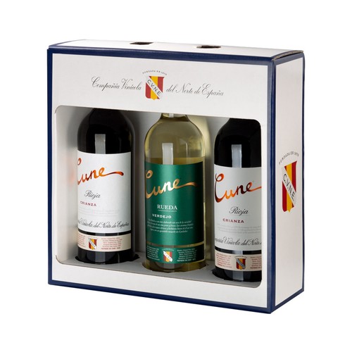 Estuche con botellas de vino tinto crianza con DOC Rioja y botella de vino blanco con DO Rueda CUNE.