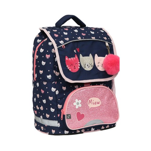 Mochila de 38cm con solapa, varios compartimentos, gatos, ALCAMPO.