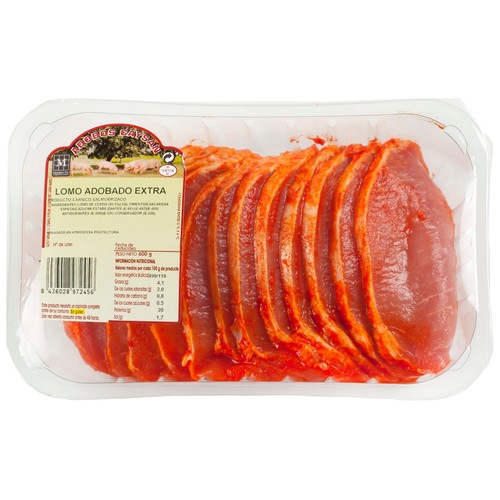 Bandeja con filetes de lomo de cerdo adobados de categoria extra CAYSAN 600 g.