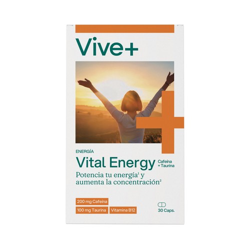 VIVE+ Vital energy Complemento alimenticio a base de cafeina, taurina y vitamina B12 30 uds.