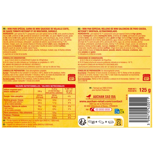 AUCHAN Mini hot dogs 8 uds. 125 g Producto Alcampo.