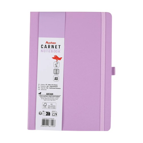 Cuaderno A5 de hojas rayadas, 96 hojas, color morado, ALCAMPO.