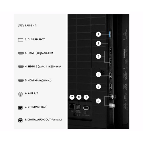 Televisión de 139,7 cm (55") QLED Miniled HISENSE 55E8S, 4K, VIDAA , 4HDMI, 2 USB, 144 Hz