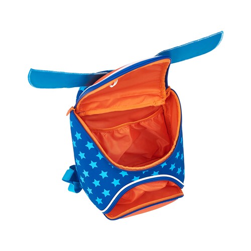 Mochila preescolar diseño de super héroe, color azul y naranja, PRODUCTO ALCAMPO, 24x25x13cm.