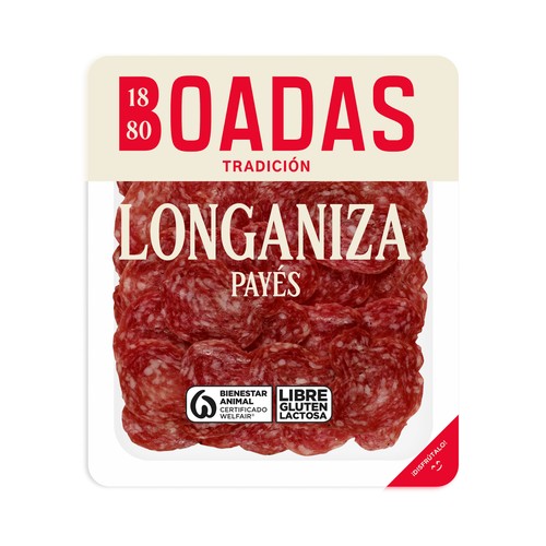 BOADAS Longaniza de payés, elaborada sin gluten y cortada en finas lonchas BOADAS Selección 80 g.