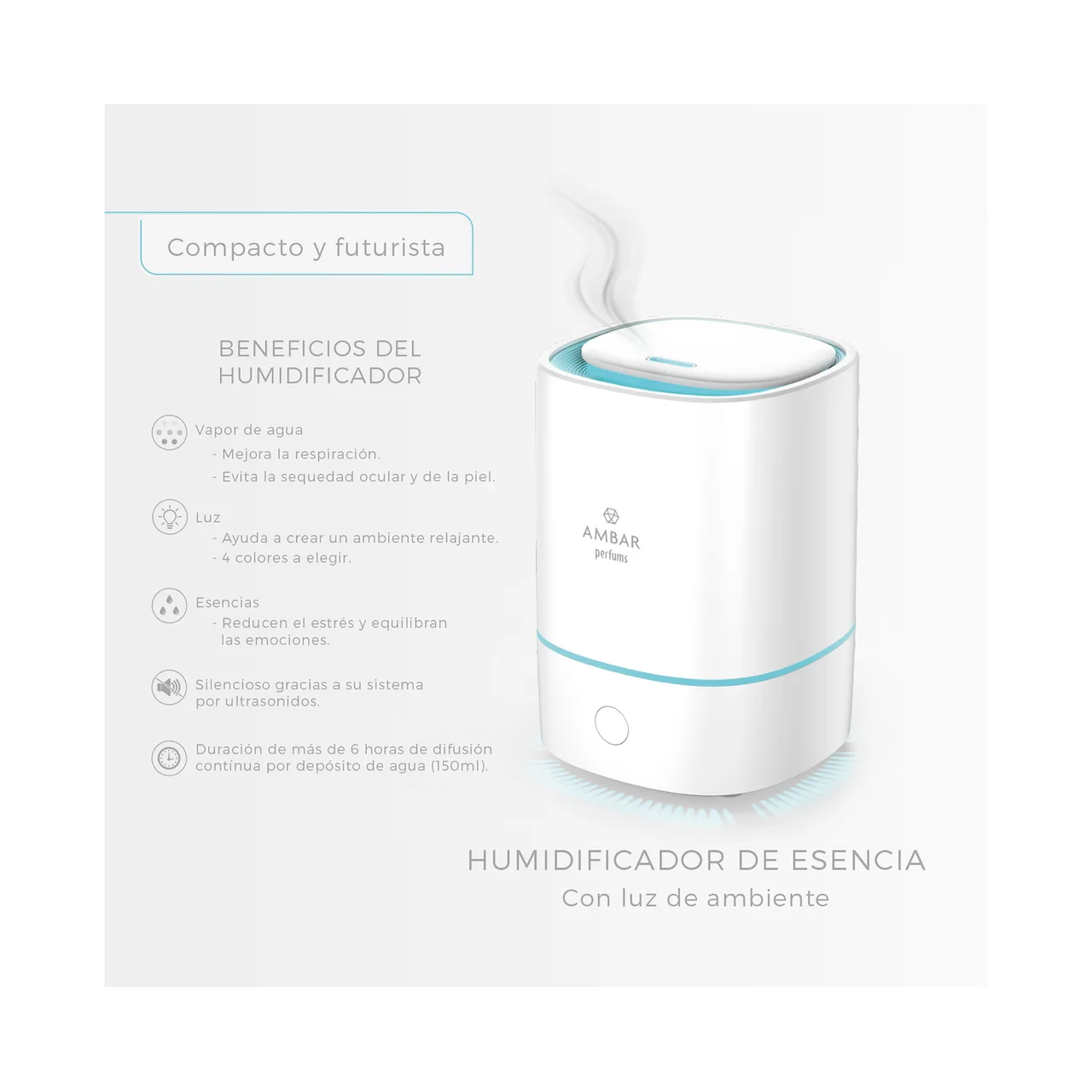 Humidificador de esencia, con luz de ambiente.