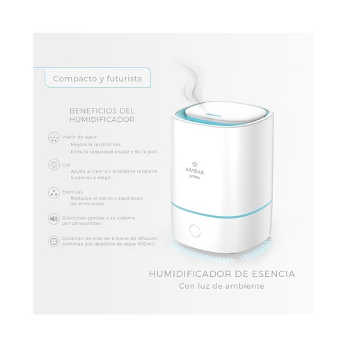 AMBAR Humidificador de esencia, con luz de ambiente.