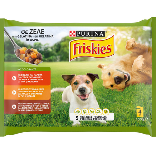 PURINA Friskies Alimentación para perros en bolsitas de carne en gelatina 4 uds, 100 g.