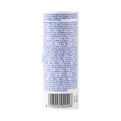 PRODUCTO ALCAMPO Spray repelente de insectos de alta protección (hasta 8 horas) 125 ml.