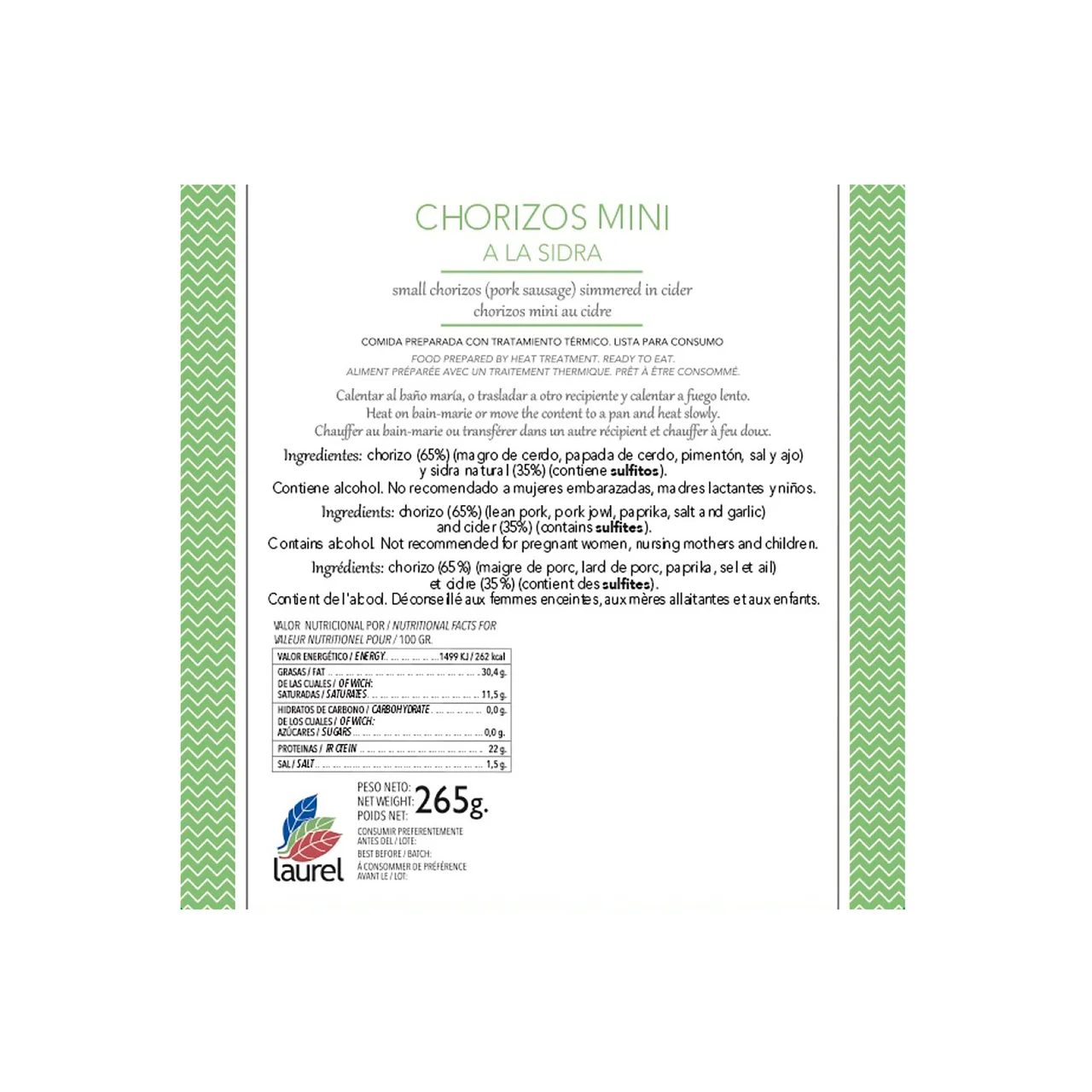 Chorizos mini a la sidra 265 g.