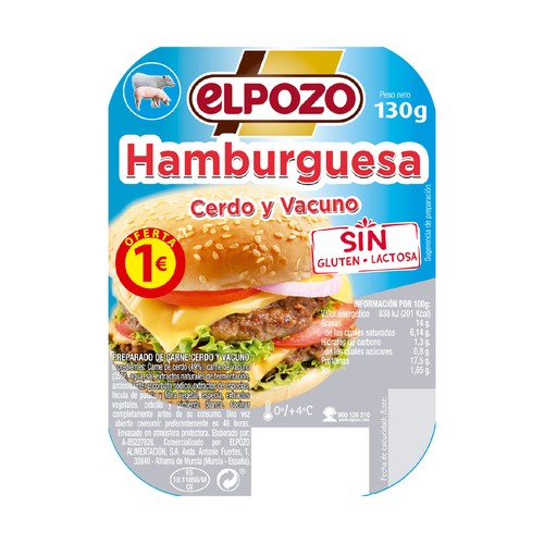 EL POZO Hamburguesa de carne de cerdo y vacuno, sin gluten ni lactosa 130 g.