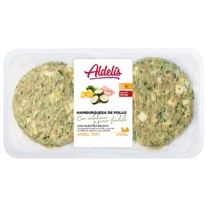 Imagen de Bandeja con hamburguesa de pollo con calabacín, espinacas y queso fundido ALDELÍS 4 x 80 g.
