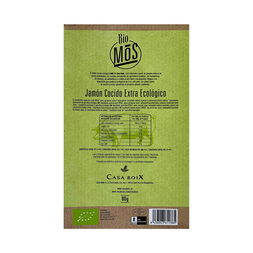 CASA BOIX Jamón cocido extra loncheado ecológico CASA BOIX 80 g.