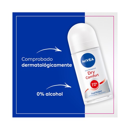 NIVEA Dry comfort Desodorante roll on para mujer con protección antitranspirante hasta 72 horas 50 ml.