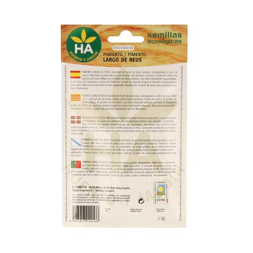 Semillas ecológicas para sembrar pimientos de la variedad largo de Reus HA-HUERTO Y JARDÍN 0.2 gramos.