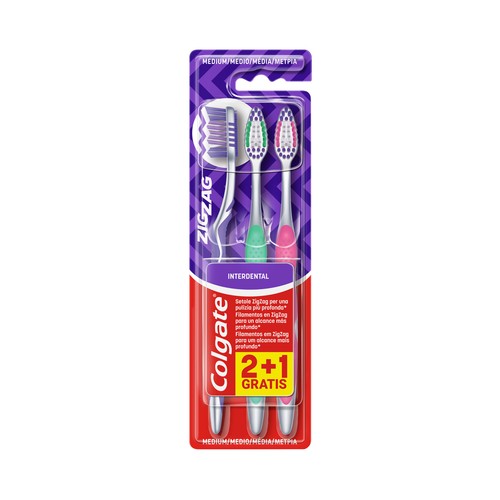 COLGATE Zigzag Cepillo de dientes medio, para una limpieza profunda 3 uds.