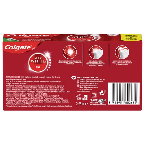 COLGATE Max white one Pasta de dientes con flúor, acción blanqueadora y sabor a menta 2 x 75 ml.