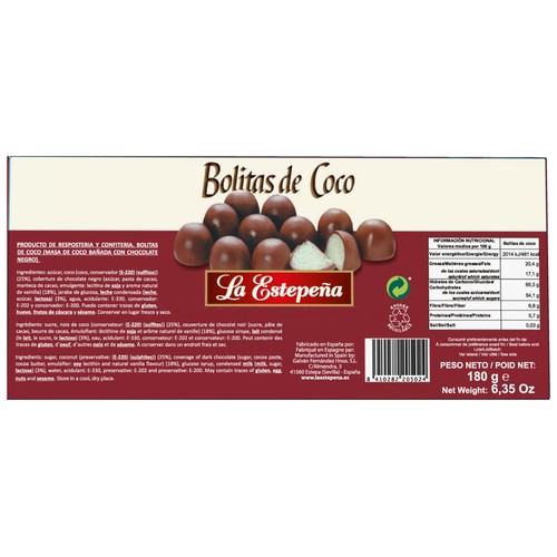 LA ESTEPEÑA Bolitas de coco recubiertas de chocolate 180 g.