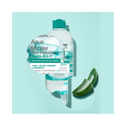 GARNIER Skin active Agua micelar todo en 1, con aloe vera y ácido Hialurónico para todo tipo de pieles 400 ml.