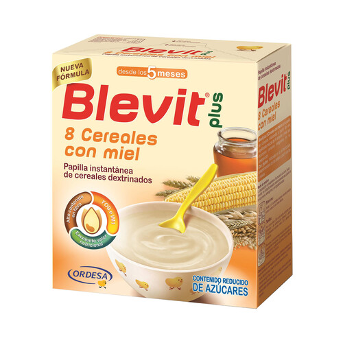BLEVIT Papilla instantánea de 8 cereales dextrinados con miel, para bebés a partir de 5 meses BLEVIT Plus 600 g.