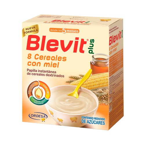 BLEVIT Papilla instantánea de 8 cereales dextrinados con miel, para bebés a partir de 5 meses BLEVIT Plus 600 g.