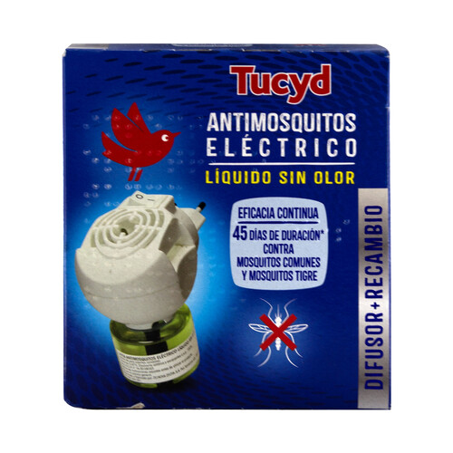 Antimosquitos eléctrico líquido sin olor PRODUCTO ALCAMPO TUCYD Difusor + Recambio 33 ml.
