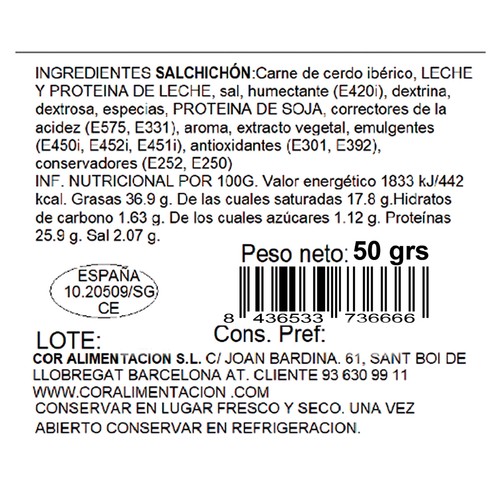 LEYENDA IBÉRICA Salchichón ibérico de cebo 50 g.