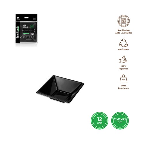 Cuenco reutilizable 12 unidades, cuadrado negro 12x12x5,2cm. OH YEAH