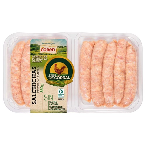 Bandeja de salchichas de pollo de corral COREN 350 g.