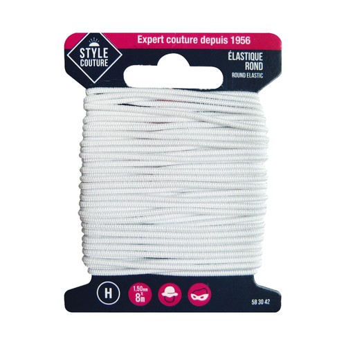 Cinta elástica flexible color blanco para costura, 1,50mm x 8m, STYLE.