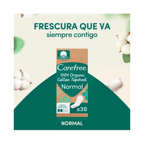 CAREFREE Cotton natural Protegeslip normal sin perfume, fabricados con algodón 100% orgánico 30 uds.