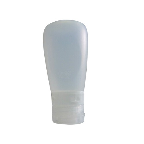 Bote de silicona translucida de 85 mm, ideal para llevar los líquidos dentro de la maleta AIRPORT ALCAMPO.
