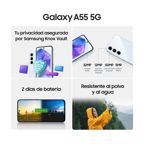 SAMSUNG Galaxy A55 5G azul, 256GB + 8GB, móvil 17cm (6,6"). SM-A556BLBCEUB
