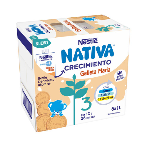 NATIVA Leche (3) de crecimiento con galleta María de 12 a 36 meses NATIVA de Nestlé 1+ 6 x 1 l.