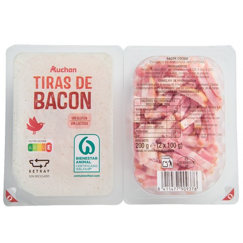 AUCHAN Tiras de bacon cocido 2 x 100 g Producto Alcampo.