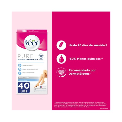 VEET Bandas de cera depilatoria para piernas y cuerpo, especiales piel sensible VEET Pure 40 uds.