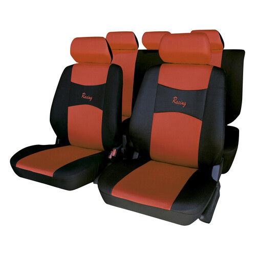 Juego de fundas para asientos de automóvil de talla única y fabricadas en poliester de color negro con respaldos y reposacabezas en rojo ERMA Imola