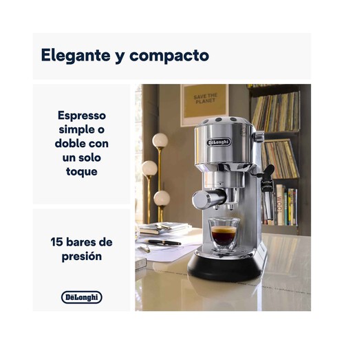 Cafetera espresso DE`LONGHI Dedica EC 685.M metal, presión 15 bar, café molido o monodosis, depósito 1,3L, calienta tazas.