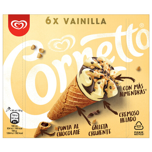 CORNETTO Conos de helado de vainilla, con trocitos de chocolate y almendra CORNETTO de Frigo 6 x 90 ml.