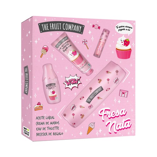 THE FRUIT COMPANY Neceser para mujer con colonia, aceite labial y crema de manos, con aroma a fresa y nata.