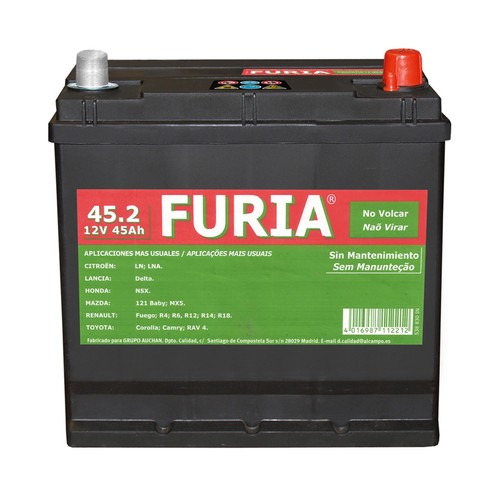 Batería de coche 45Ah, arranque 300A, 12V, L: 21,9cm, A: 13,5cm, H: 22,5cm, FURIA.