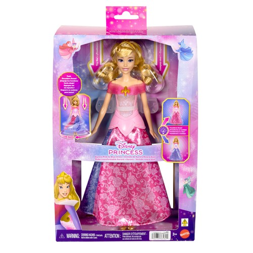DISNEY Princesa Aurora, vestido cambia de rosa a azul, MATTEL